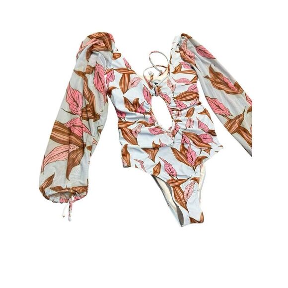 Boho Floral LongβSleeve Cutout Swimsuit Blue Pink One piece β Medium - Picture 9 of 11